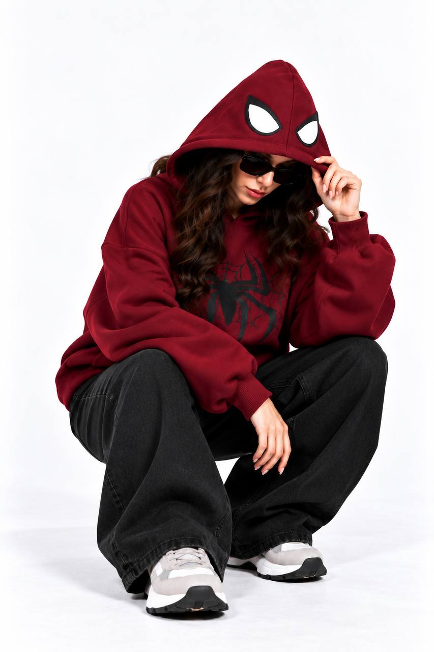 Burgundy Oversized Spider Graphic Hoodie